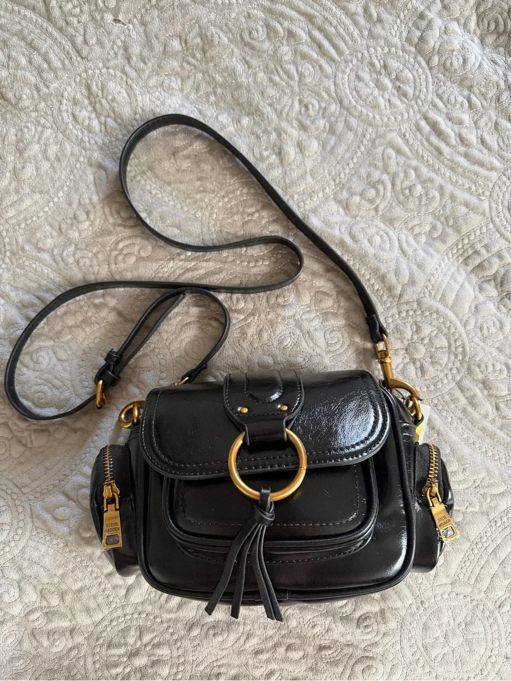 Steve Madden Black Leather Crossbody with Gold Ring Hardware